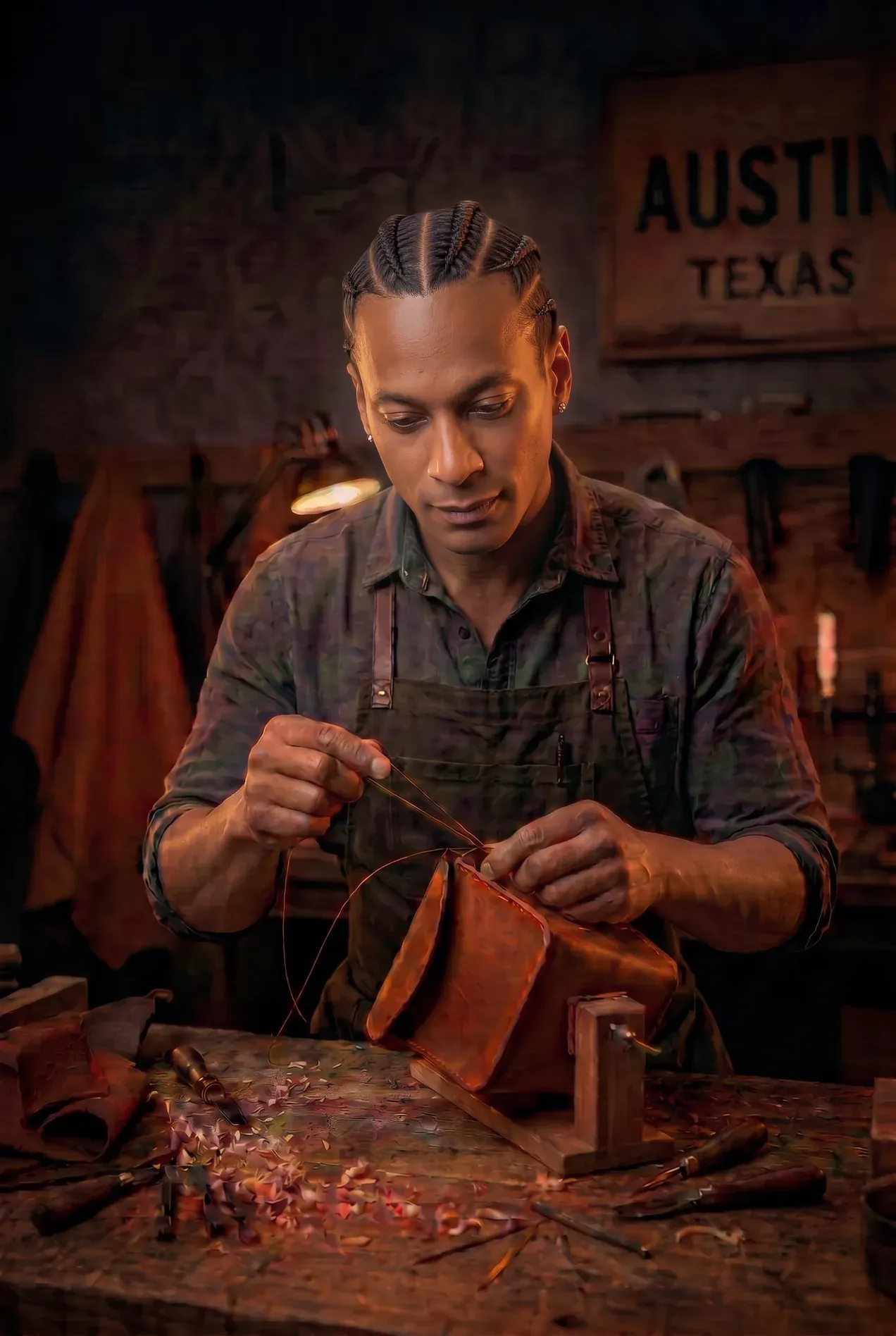Saddle-stitching full-grain leather at the SoulCraft Studio bench