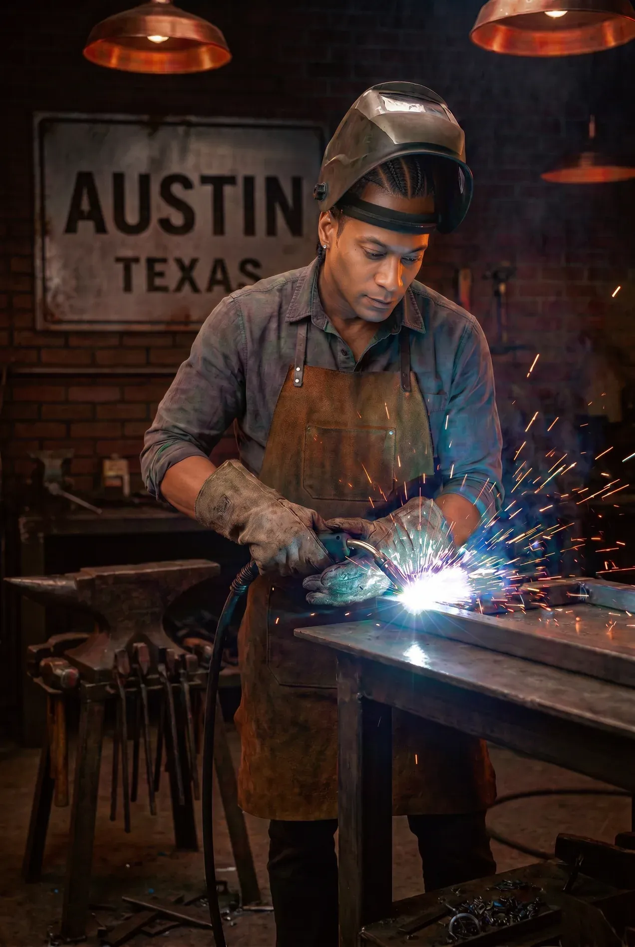 Dressing a steel bracket at the SoulCraft Studio welding table