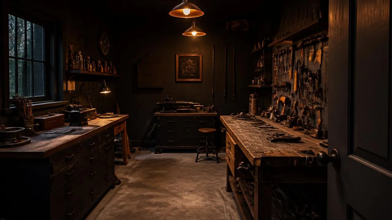 Wood bench bay of the SoulCraft Maker Shop lit by two low pendant lamps: an aged maple workbench with hand planes and chisels laid out, a wall of hanging tools, and a dark charcoal room beyond