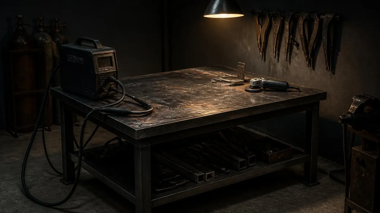 Metal bay of the SoulCraft Maker Shop: a steel welding table with a scorched top, MIG welder and angle grinder on it, gas cylinders behind, and welding clamps hanging on the dark wall