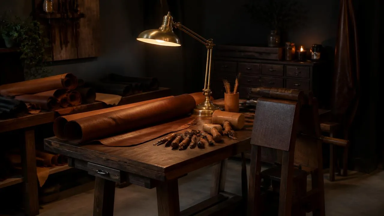 Leather bay of the SoulCraft Maker Shop: an oak table under a brass task lamp with rolled vegetable-tanned hides, mallets, awls and edge bevelers laid out, and a stitching pony beside it