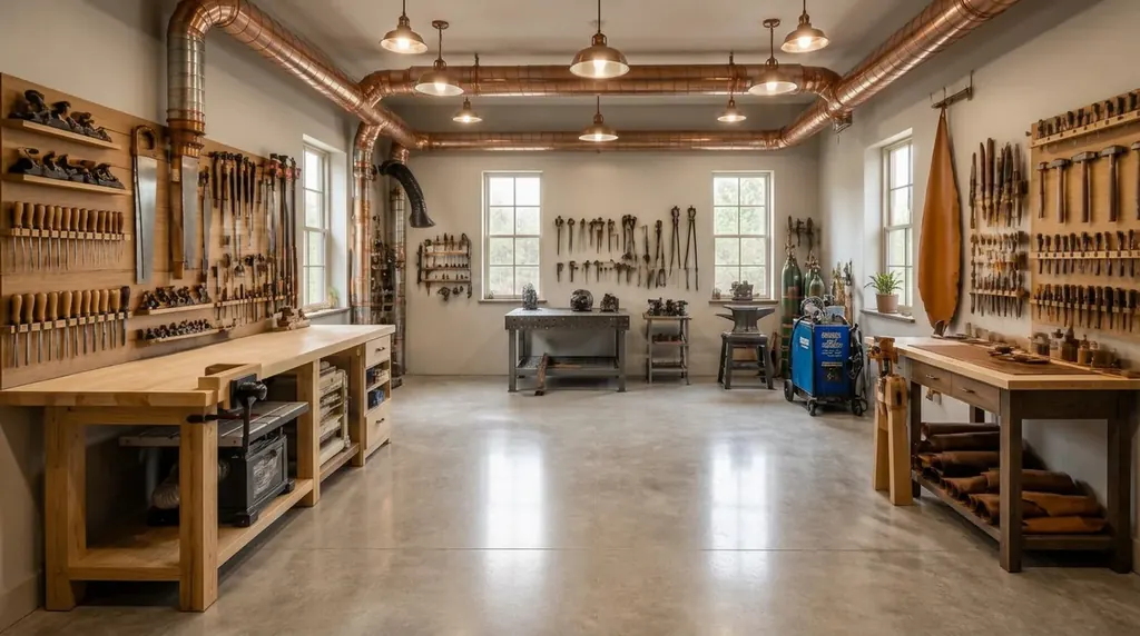 Brightly lit 3D render inside the SoulCraft MiniShop showing three tool walls with a wide open center floor: a woodworking wall of planes, chisels and saws over a maple bench with table saw and planer; a metal wall with welding table, MIG welder, helmet, gas cylinders and anvil; and a leather wall of awls, punches and edge bevelers over an oak bench with rolled hides and a stitching pony