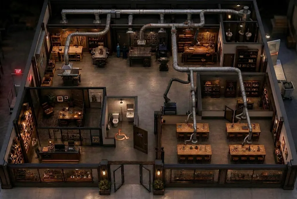The same roof-off aerial render of the SoulCraft Studio without the copper MiniShop highlight, showing retail and register, the office, the ADA restroom, the classroom, the wood, metal, and leather stations, and the overhead extraction ducting. Both exterior doors stay visible: the steel service door swinging out of the back wall of the dust-and-fume room onto its concrete stoop beside the waste cart, and the glazed exit door in the left side wall behind the ADA restroom under its lit red EXIT sign.