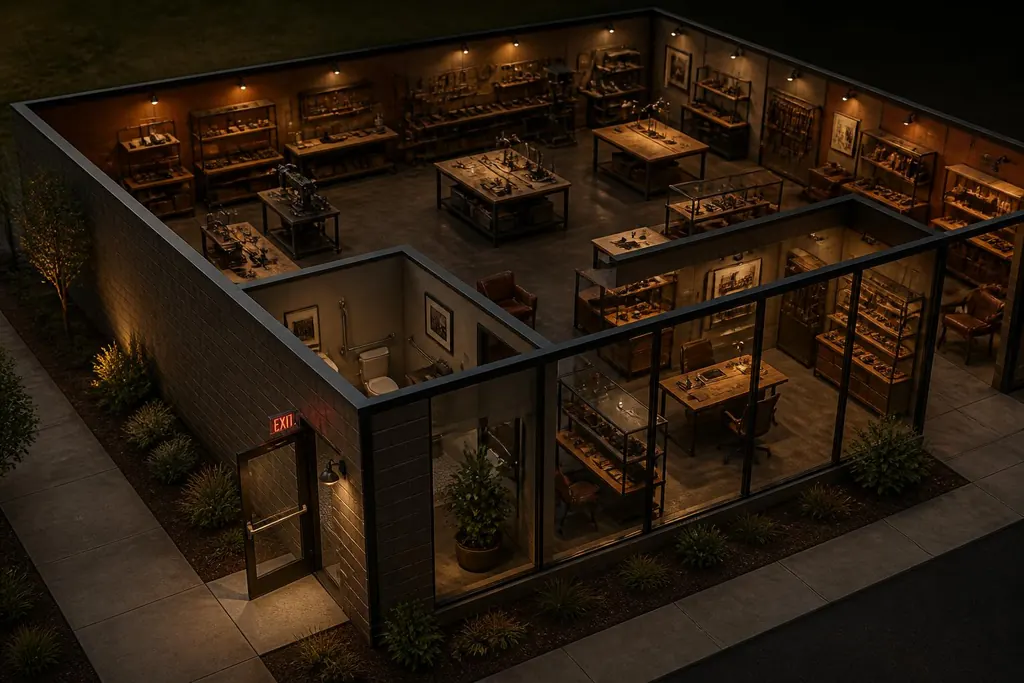 Roof-off aerial render of the SoulCraft Studio seen from above and beyond the left side wall, showing the tiled ADA accessible restroom with grab bars just inside that wall, the glass-walled office and retail shelving at the front, and the wood, metal and leather stations receding toward the back. In the left exterior wall directly behind the restroom, a glazed exit door with a metal push bar swings out to a small concrete pad under a lit red EXIT sign.