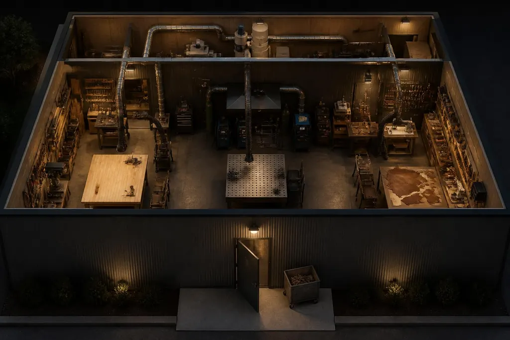 Roof-off aerial render of the SoulCraft Studio seen from above and behind the back wall, with the dust-and-fume room and its cyclone collector, spiral trunk ducts and drop hoses in front of the wood, metal and leather stations. In the back exterior wall a solid steel service door is hinged open and swinging outward onto a lit concrete stoop, with a rolling metal waste cart parked beside it.