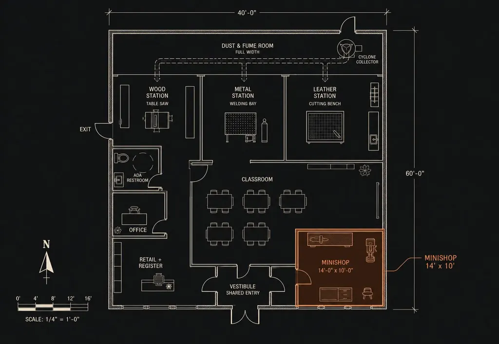 Top-down architectural floor plan of the 40 by 60 foot SoulCraft Studio with retail and register plus the office at the front left, an ADA restroom off the entry with an exterior exit door on the left wall behind it, a classroom at the front right, a shared entry vestibule, the 14 by 10 foot MiniShop bay highlighted in copper, the wood, metal, and leather stations along the back, and a full-width dust and fume room with a cyclone collector, duct runs to each station, and an exterior service door